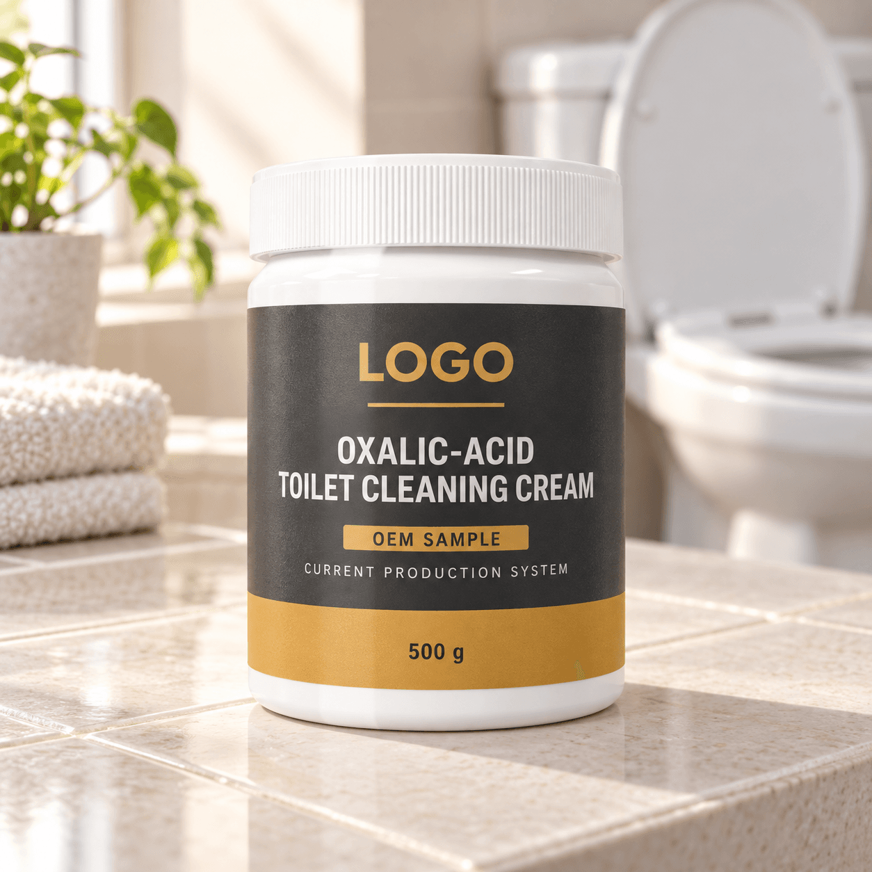 White wide-mouth 500 g jar with ribbed lid and charcoal-and-ochre LOGO, OXALIC-ACID TOILET CLEANING CREAM, OEM SAMPLE and CURRENT PRODUCTION SYSTEM label on a pale washroom counter beside folded towels and a toilet